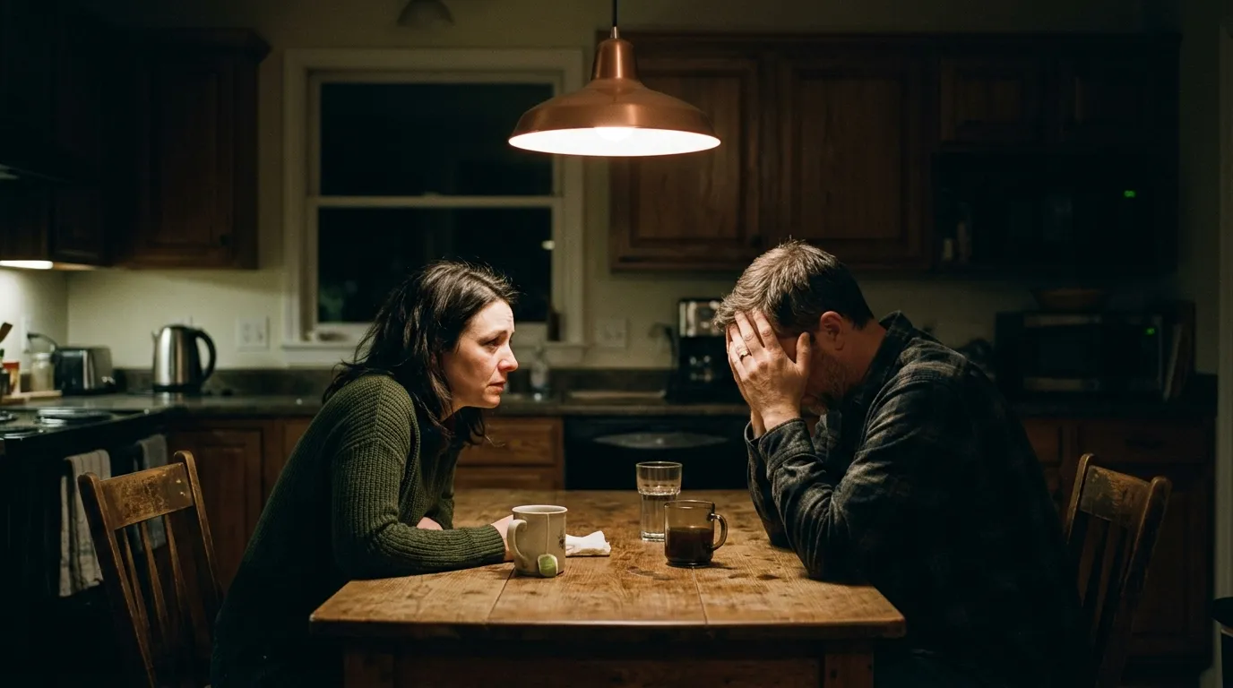 A husband looking exhausted and ashamed sitting across from his wife at a dimly lit kitchen table.