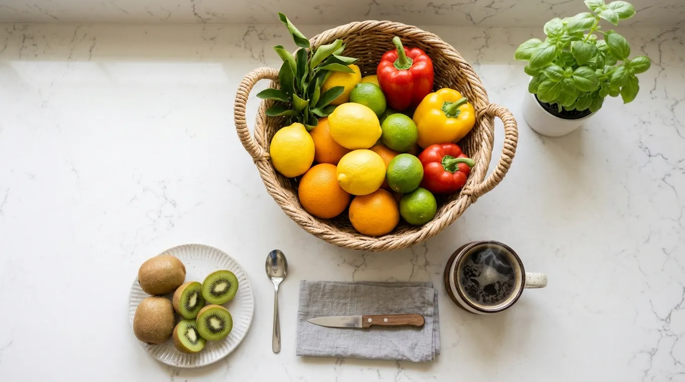 Kitchen counter with kiwis, coffee, and fresh citrus fruits