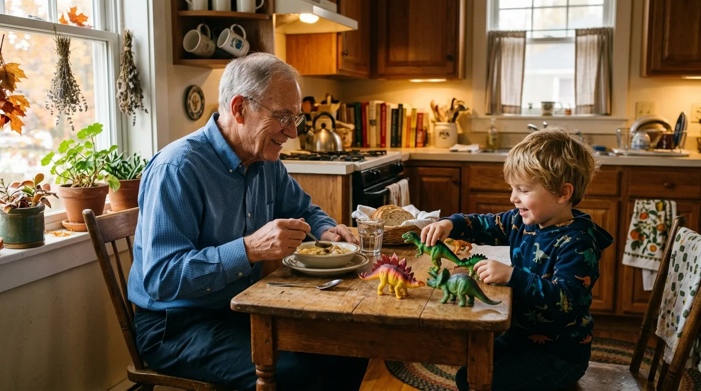 Grandpa Ray eating soup while Leo plays with toy dinosaurs on the kitchen table