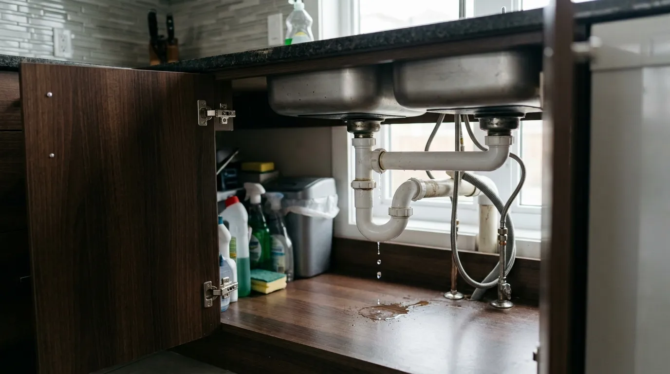 A small puddle of water underneath a modern kitchen sink cabinet