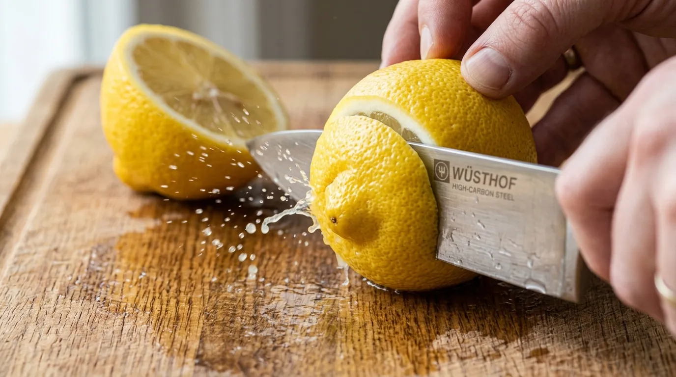A kitchen knife slicing through a fresh lemon on a wooden cutting board