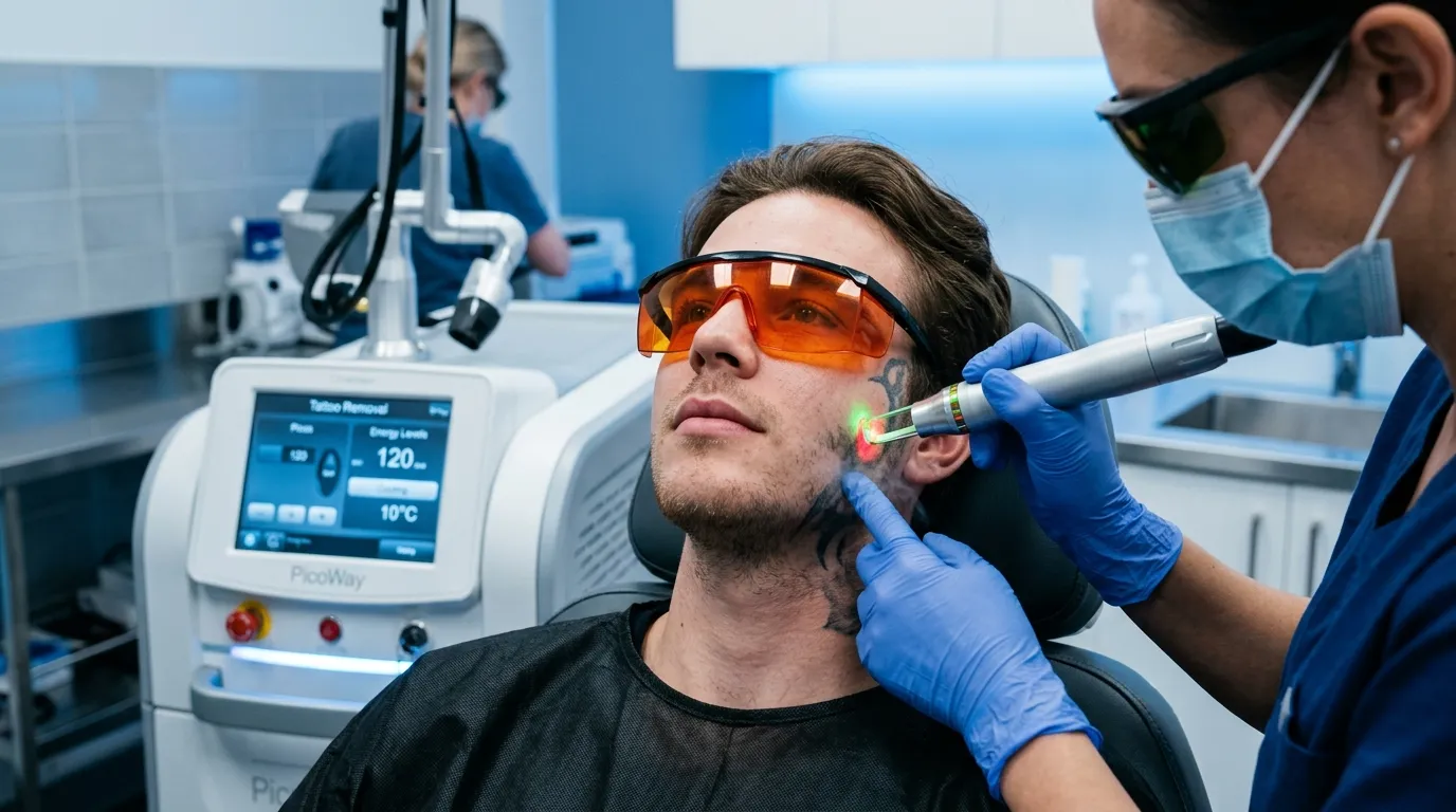 Close up of a laser tattoo removal procedure on a person's face