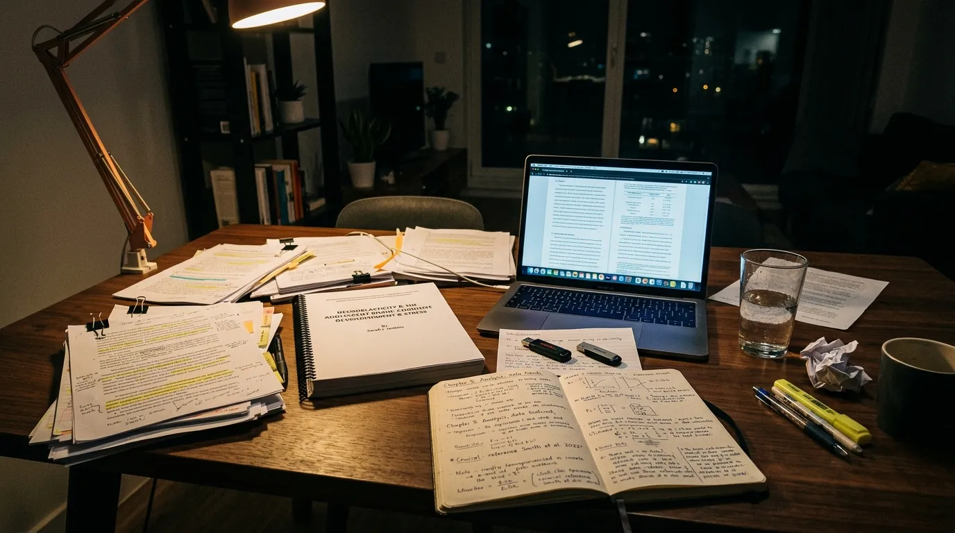 A dining table covered in research papers, flash drives, and a printed dissertation late at night.