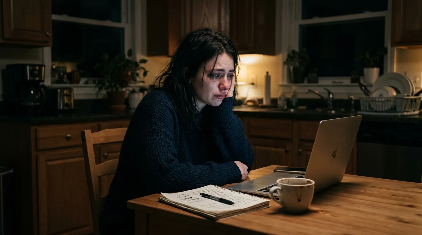A woman sitting at a dark kitchen table looking stressed at a glowing laptop screen.