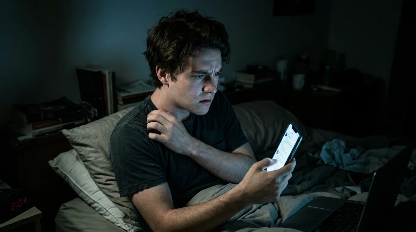 A person awake in bed at night, looking worriedly at a glowing smartphone
