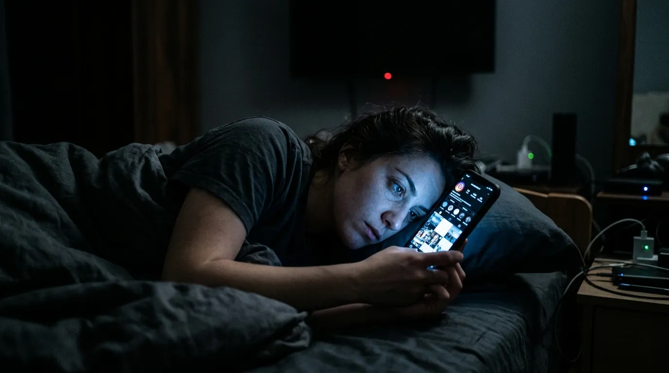 Person lying in bed in the dark with their face illuminated by a smartphone screen