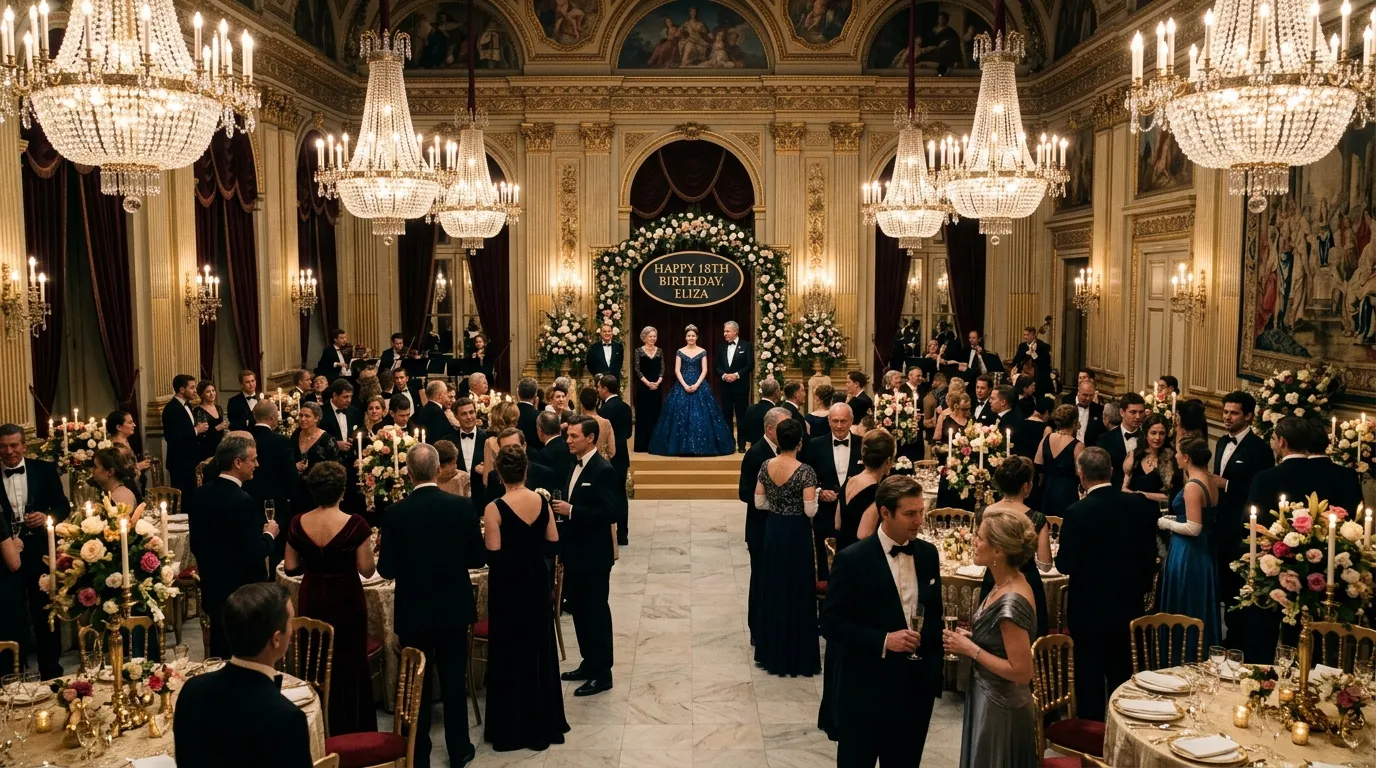A lavish ballroom birthday party with crystal chandeliers and formally dressed guests