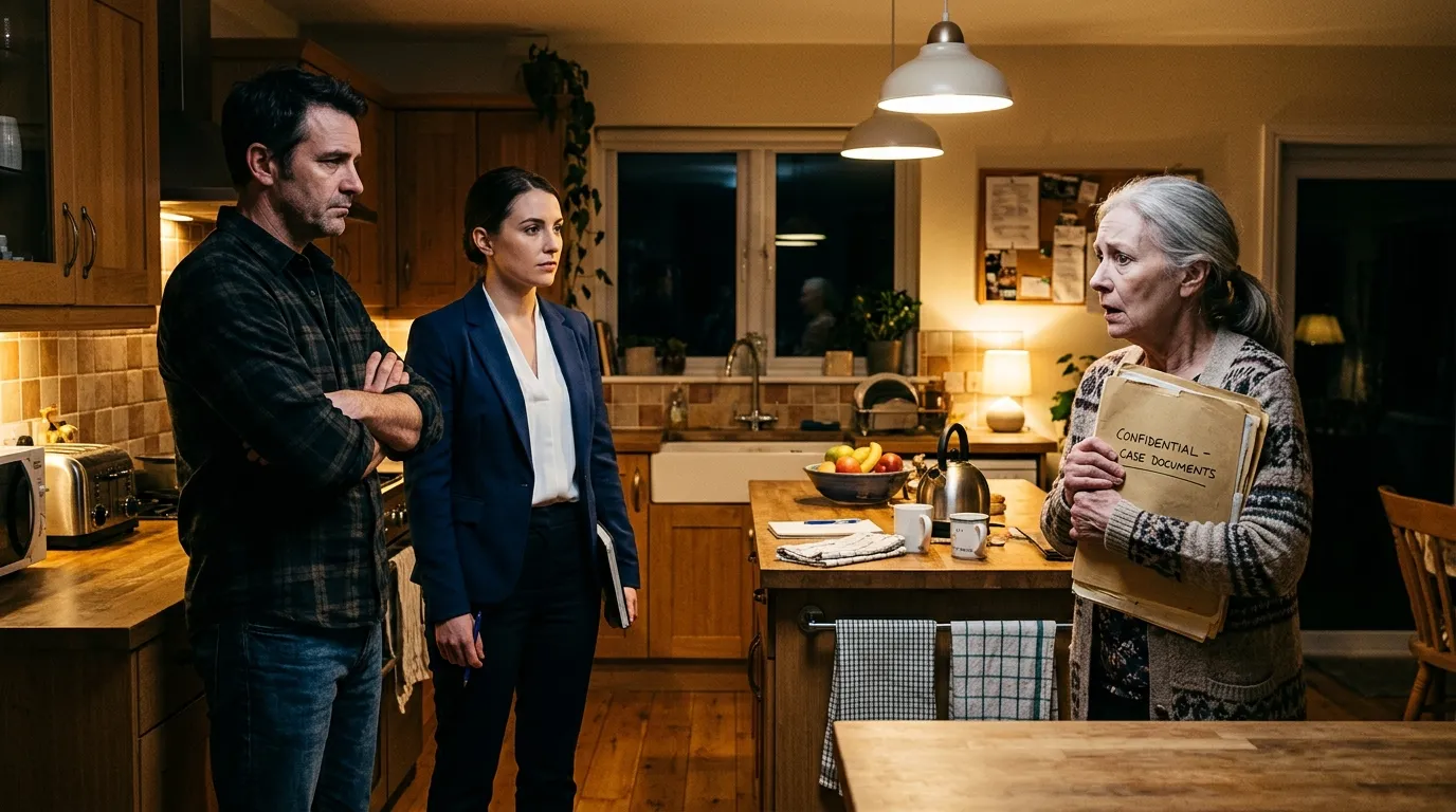 A father and his lawyer confronting a shocked older woman in a kitchen.