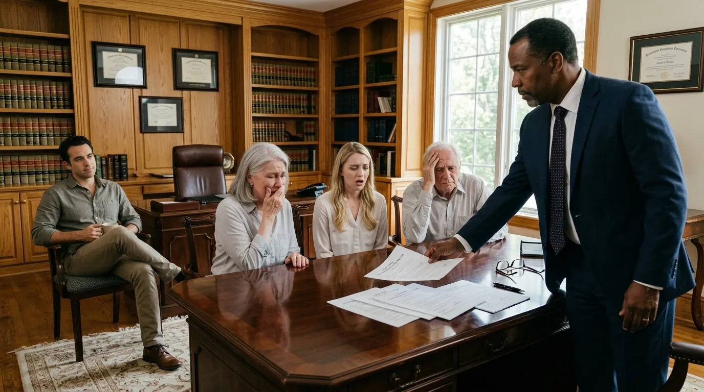 Lawyer showing documents to shocked family members
