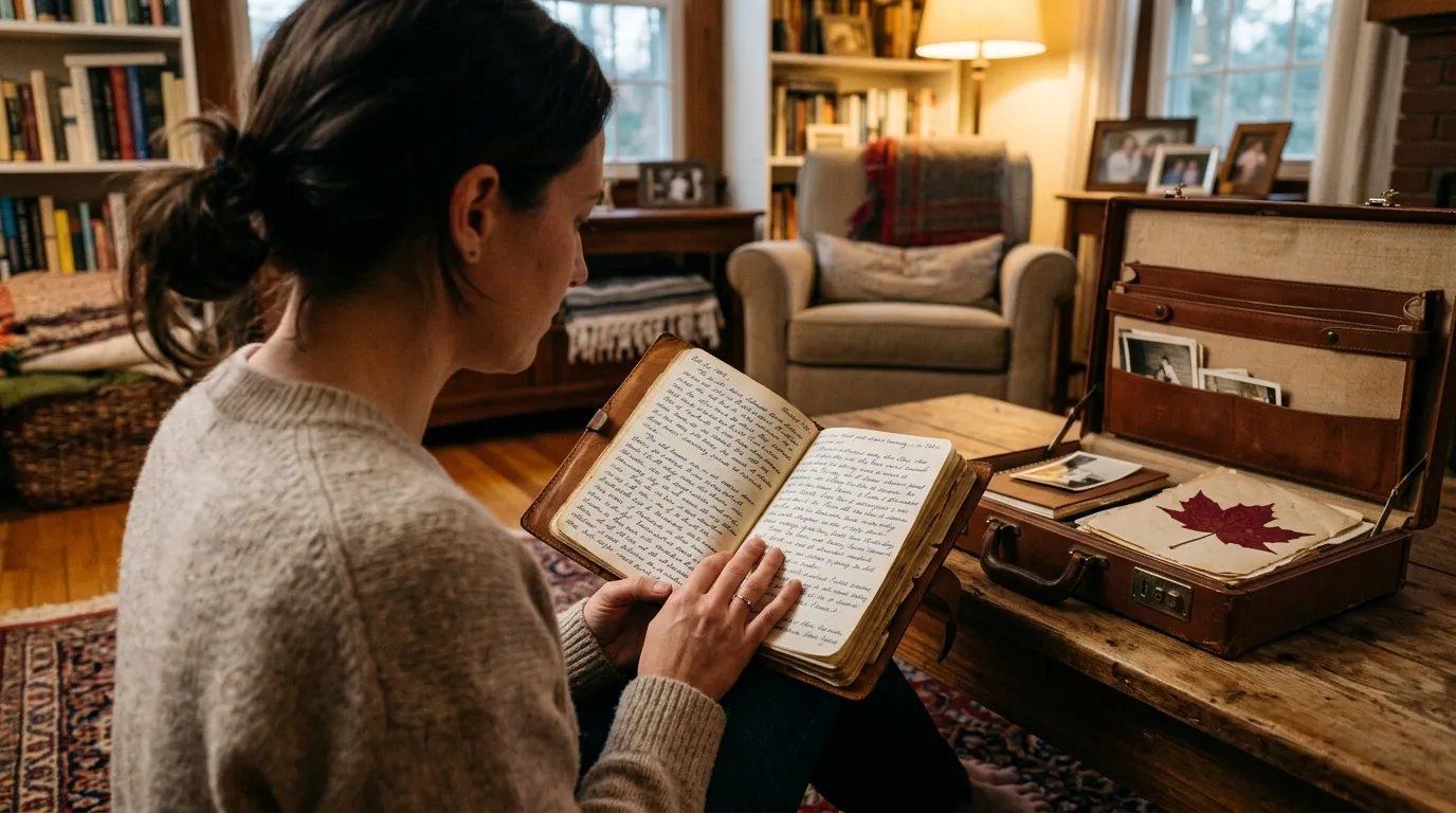 An open leather journal with handwritten entries sitting next to a vintage briefcase