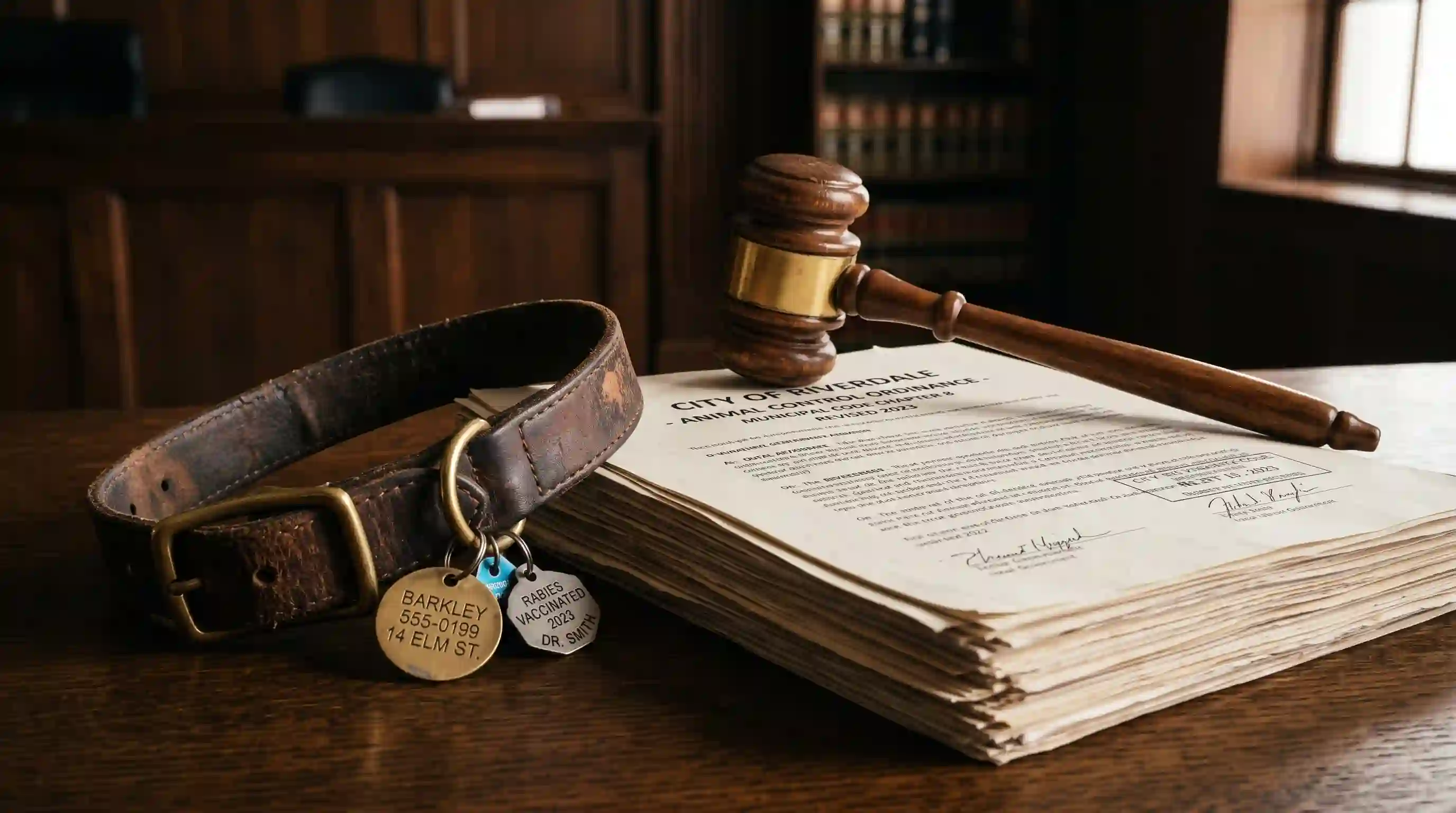 A wooden judge's gavel resting next to a leather dog collar on top of legal documents