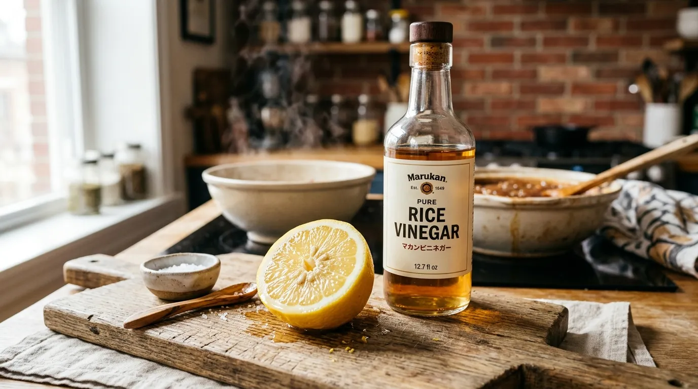 Freshly cut lemons and a bottle of rice vinegar on a rustic wooden cutting board