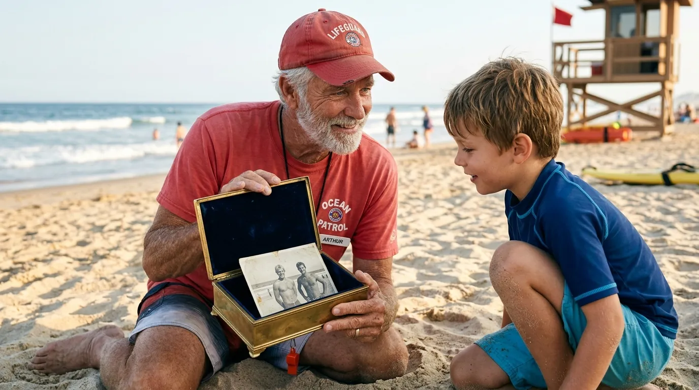 A weathered, kind older lifeguard kneeling in the sand, presenting a small golden box to a young boy.