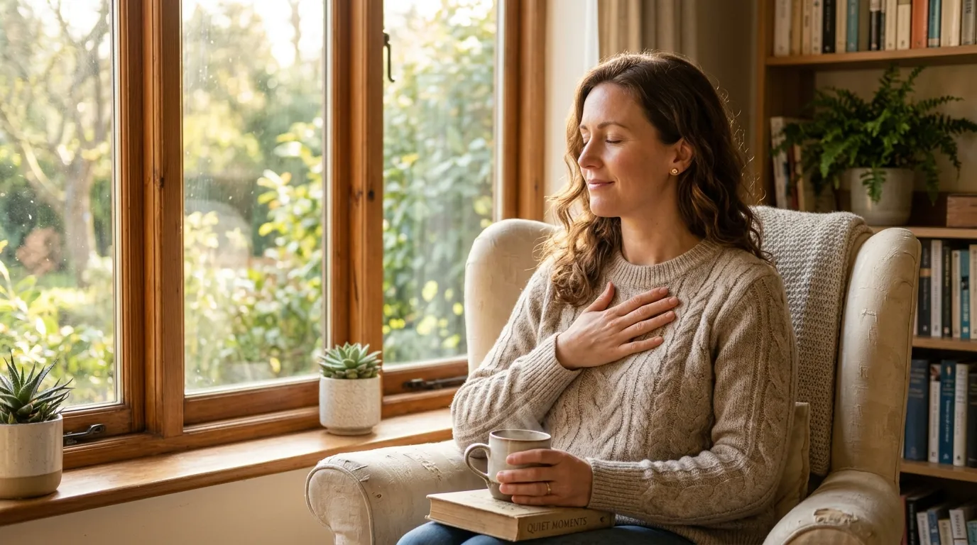 A woman sitting thoughtfully by a window, representing mindfulness and listening to her body.