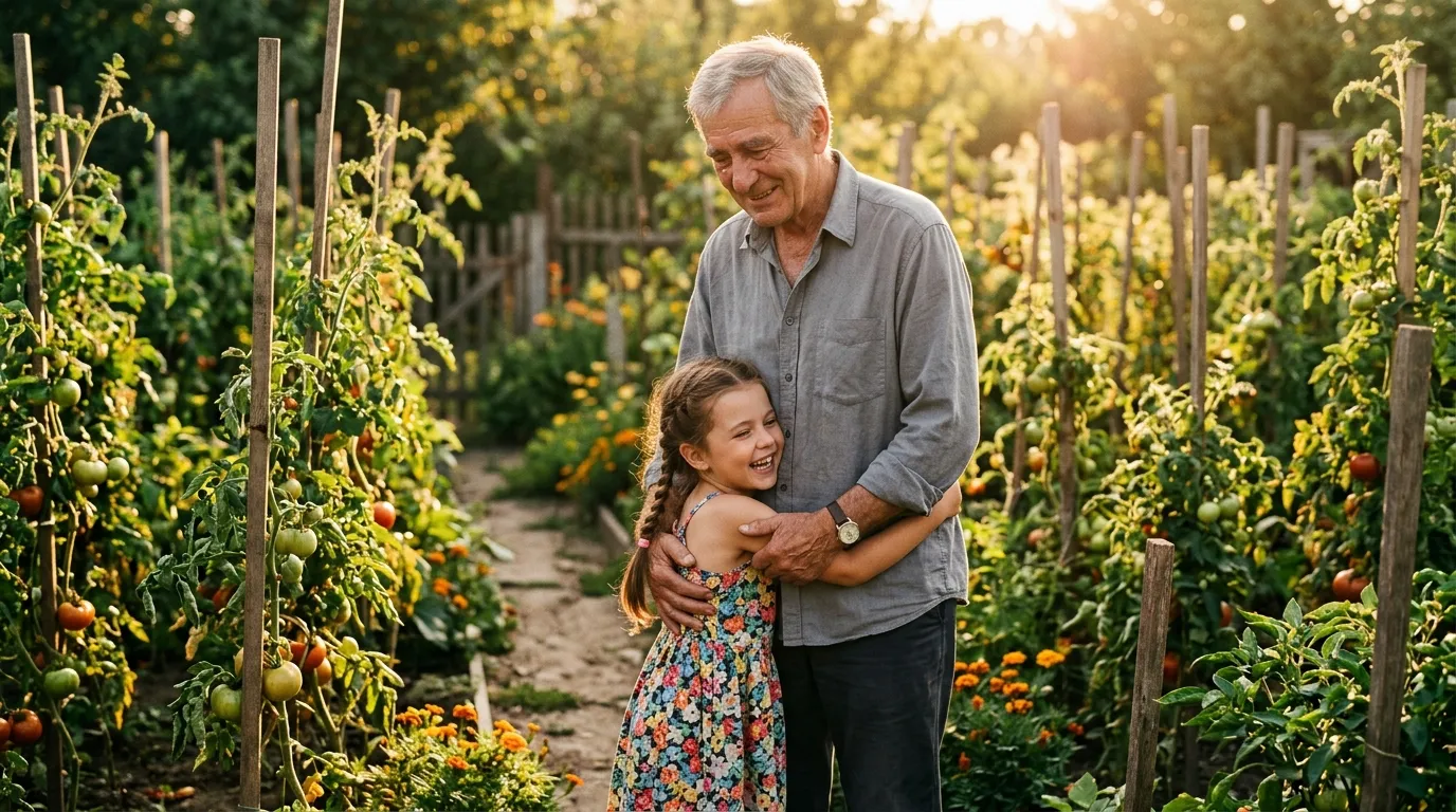 A young girl hugging an elderly man in a garden of tomato plants