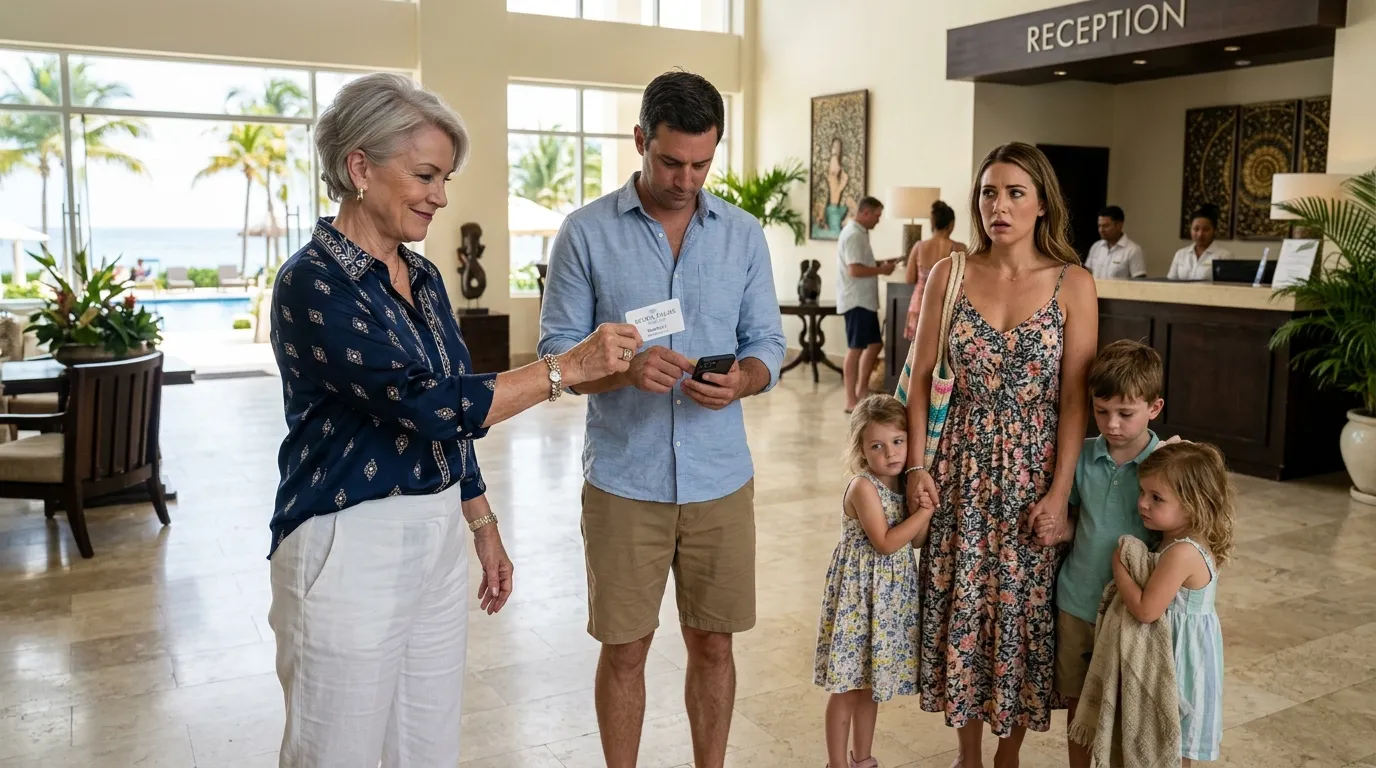 Mother-in-law snatching a hotel keycard from husband in the lobby while wife watches in shock.