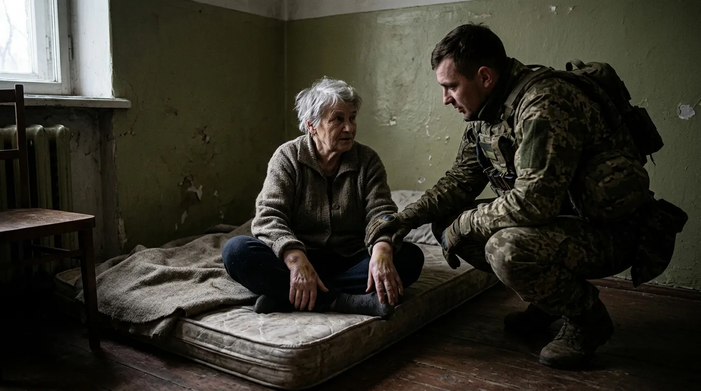 A dimly lit room where an elderly woman with bruised wrists sits on a bare mattress, speaking to her son in uniform.
