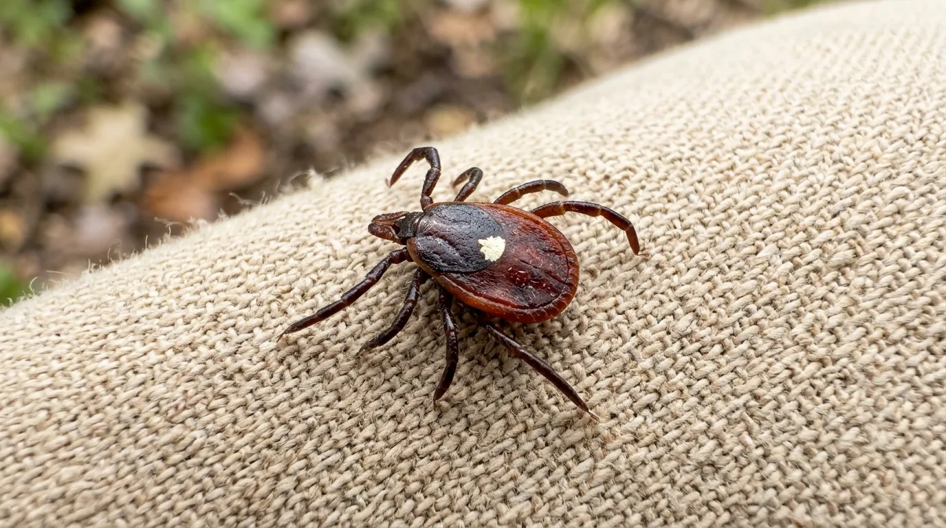 Close-up of a Lone Star tick showing the distinct white dot on its back