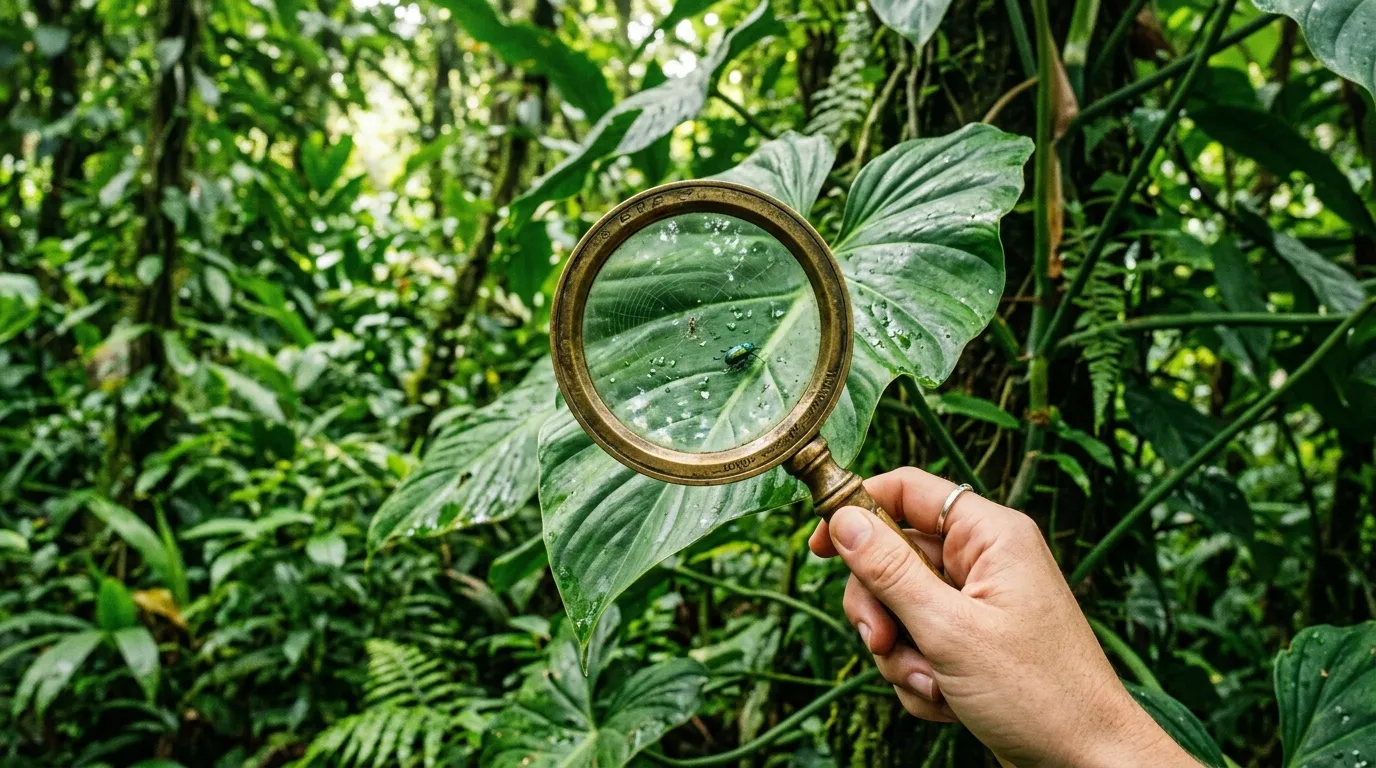 A vintage magnifying glass held up to intricate green jungle leaves