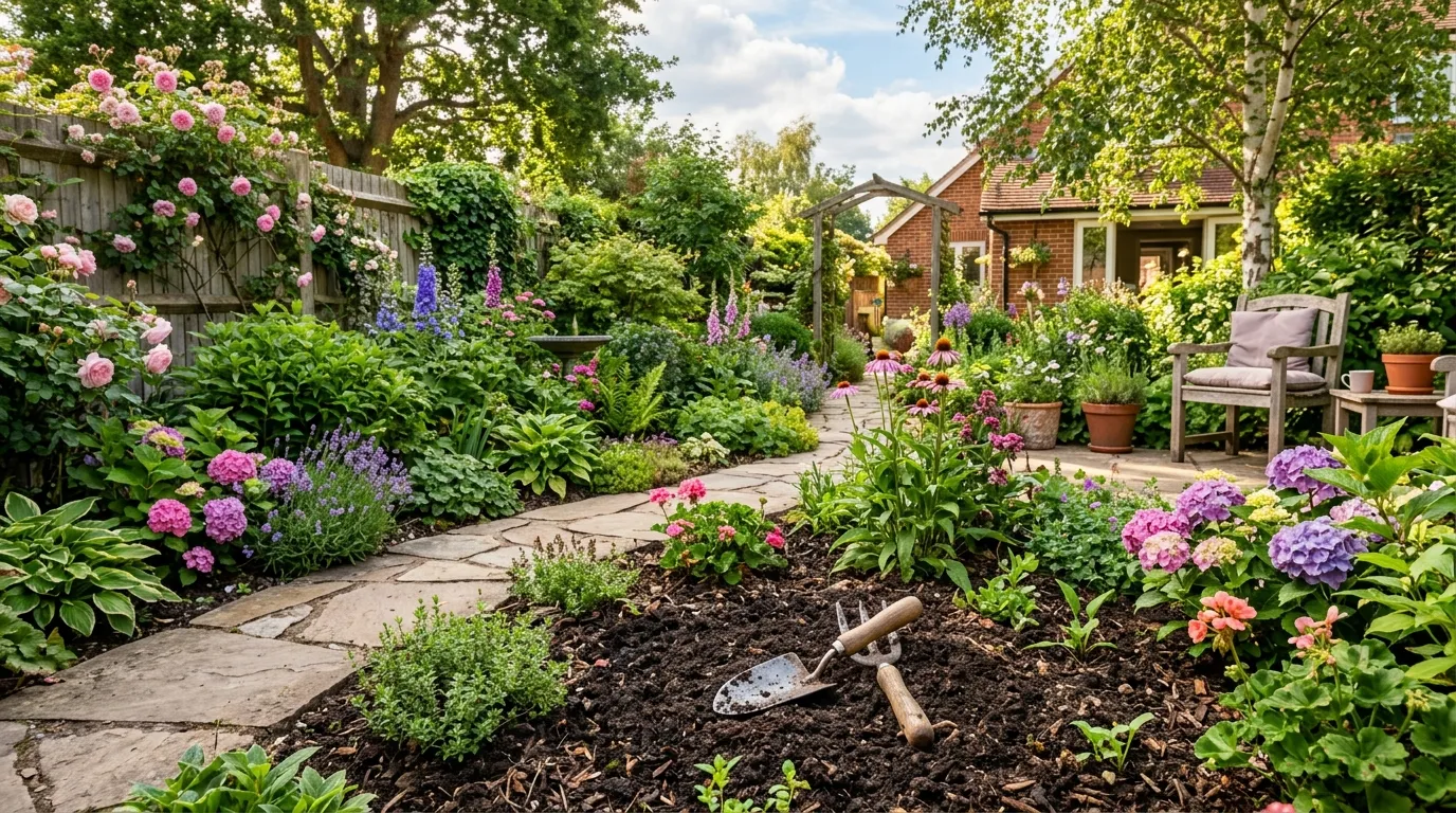 A beautiful, lush backyard garden on a sunny afternoon with rich dark soil