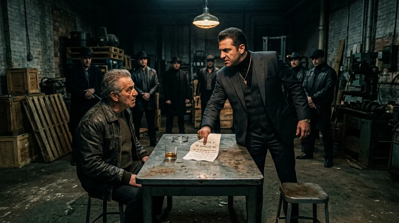 A mafia boss confronting his treacherous cousin across a metal table in a dark warehouse.