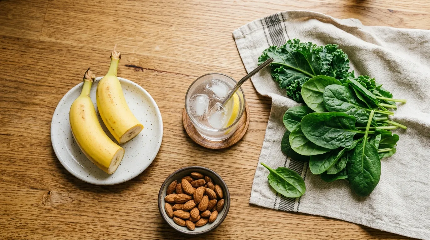 A glass of water next to bananas, spinach, and almonds