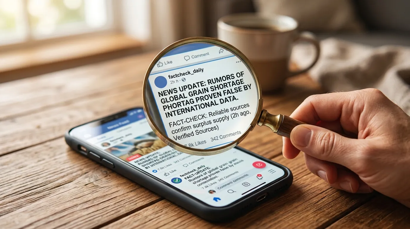 Magnifying glass hovering over a smartphone screen displaying a news feed