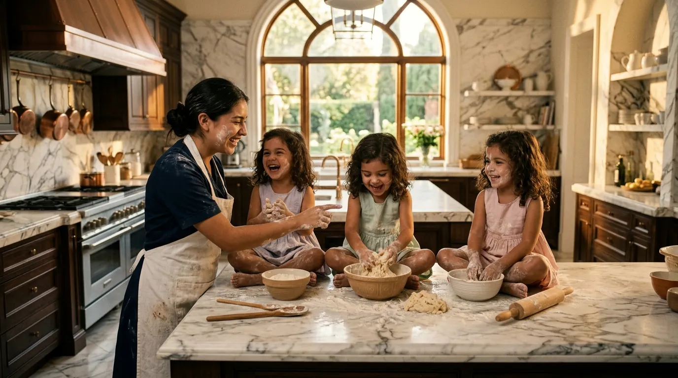A gentle maid making bread and laughing with three identical little girls in a sunlit kitchen.
