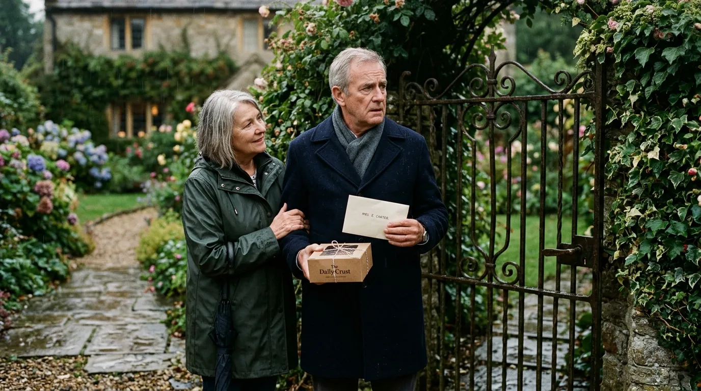 An older man standing anxiously at a garden gate holding an envelope and a bakery box