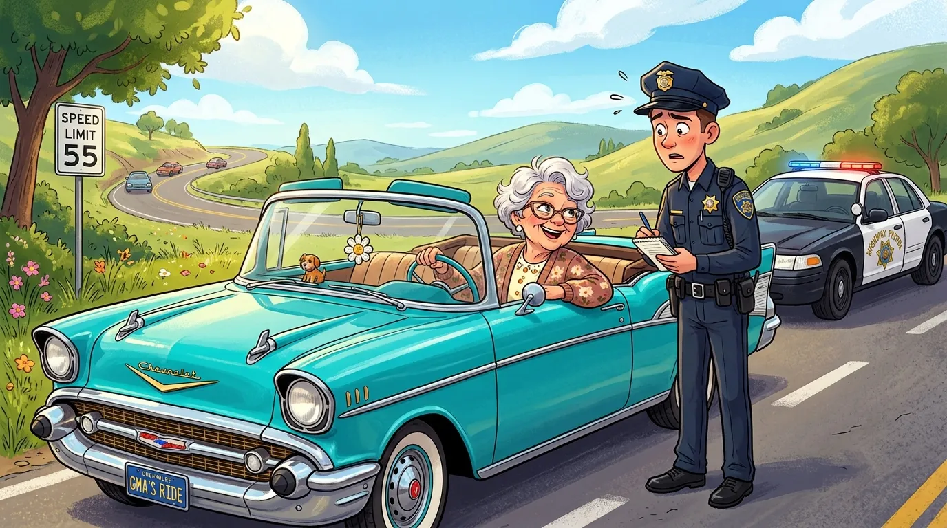 Elderly woman smiling at police officer from her car window