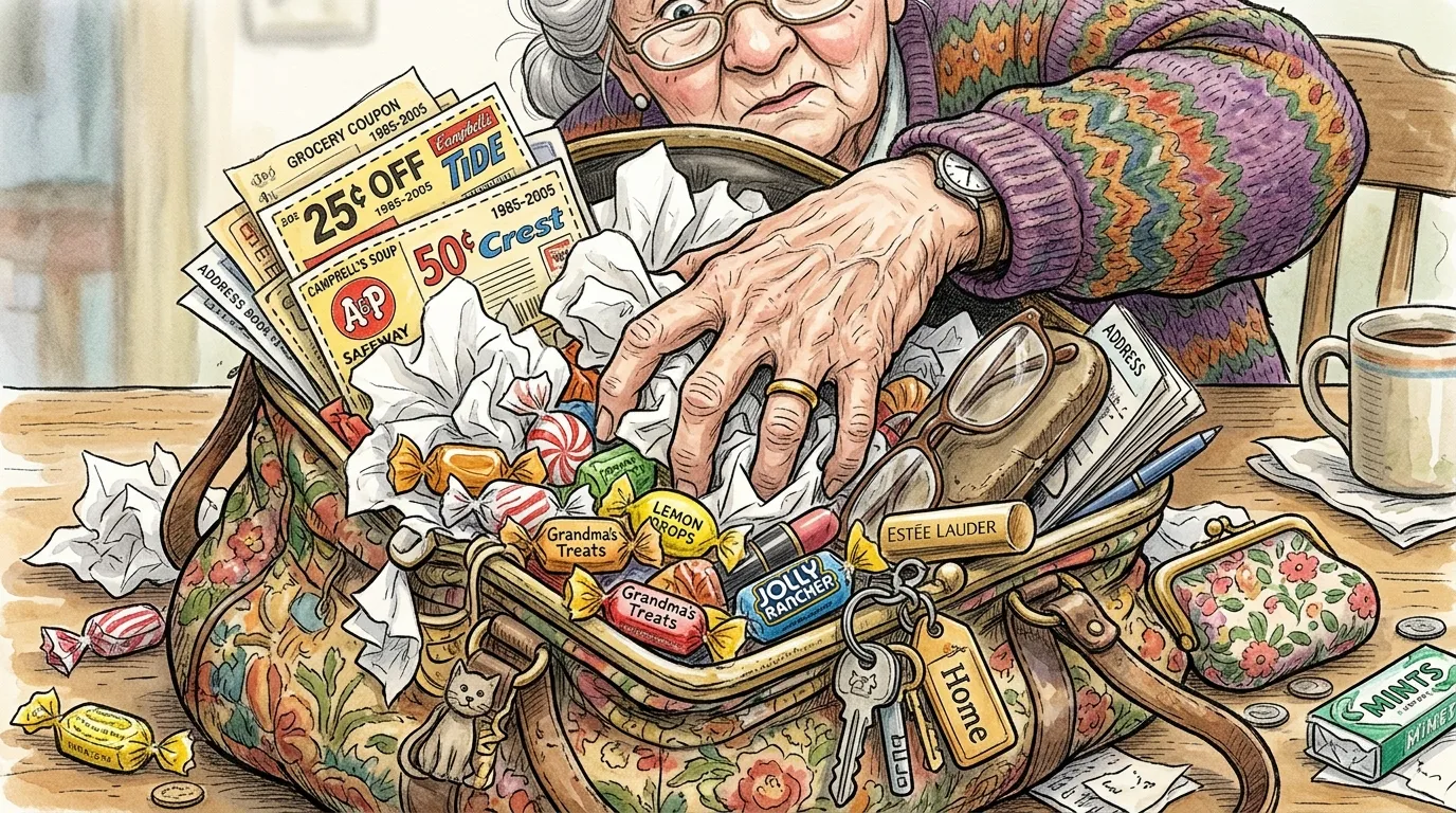 Close up of an overflowing purse with candies and tissues