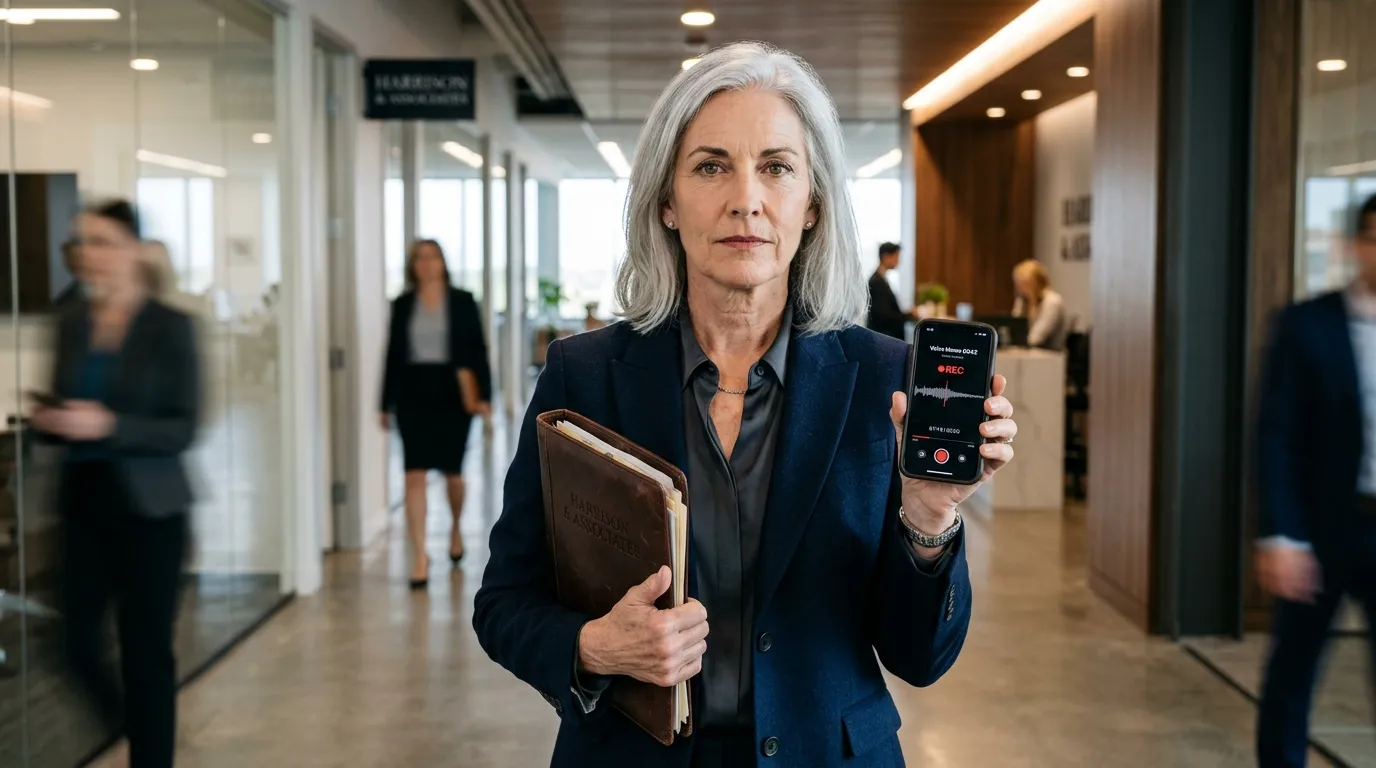 Confident female attorney holding documents and a phone in a hallway