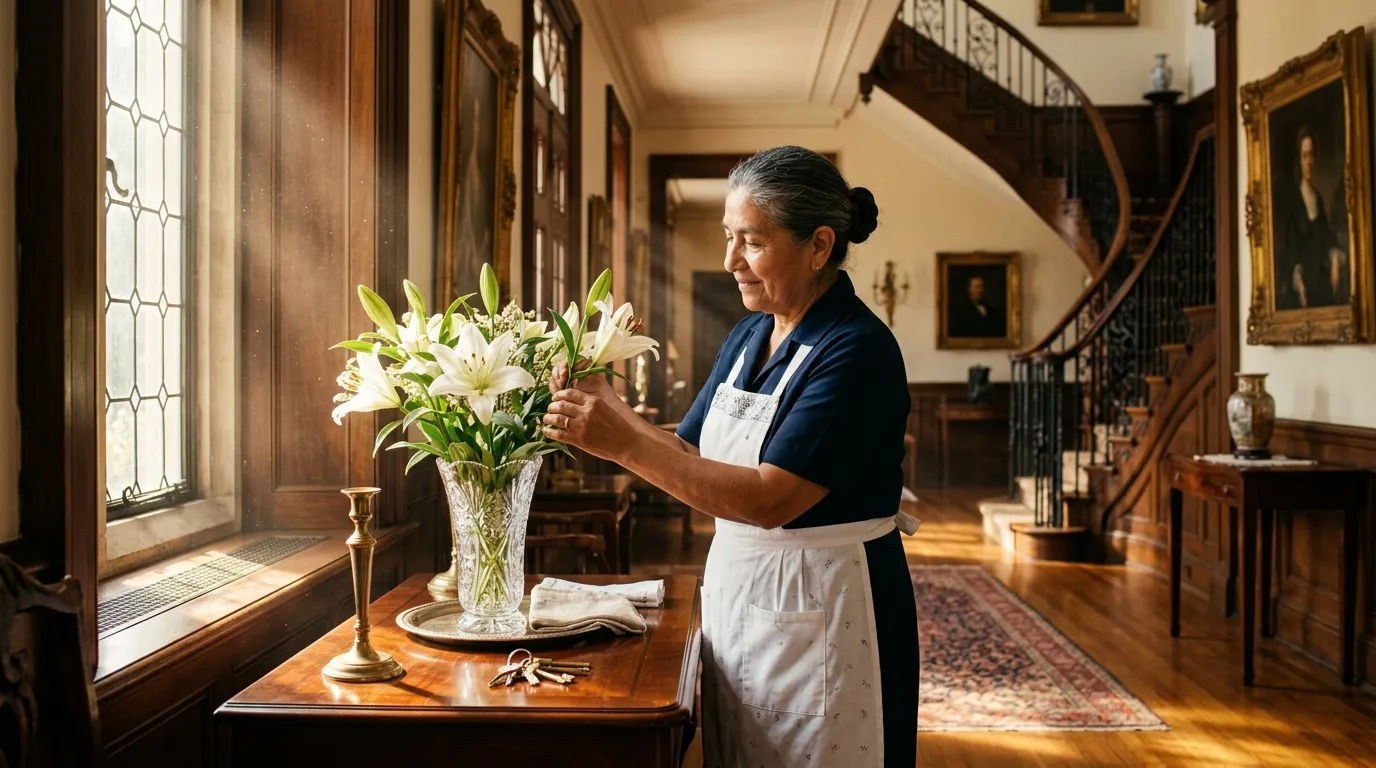 Marta arranging fresh white lilies in the sunlit hallway of the Whitaker mansion