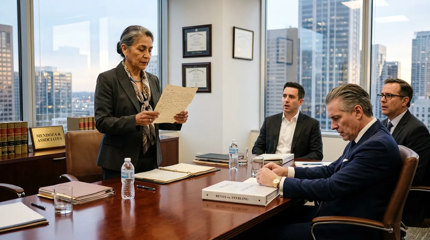 Marta reading the hidden letter in front of a stunned Julian and his lawyers
