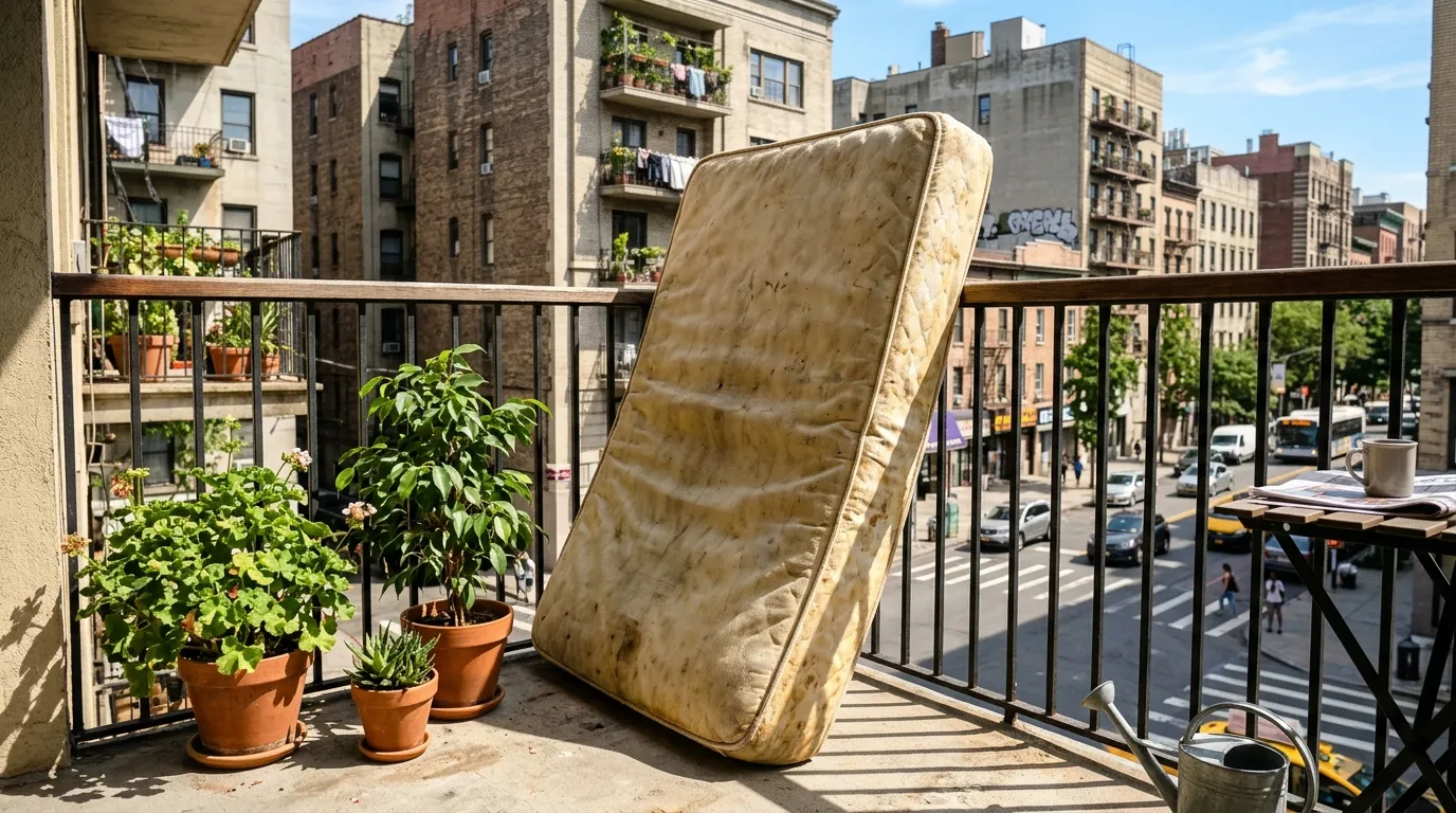 An old mattress sitting on a sunny apartment balcony