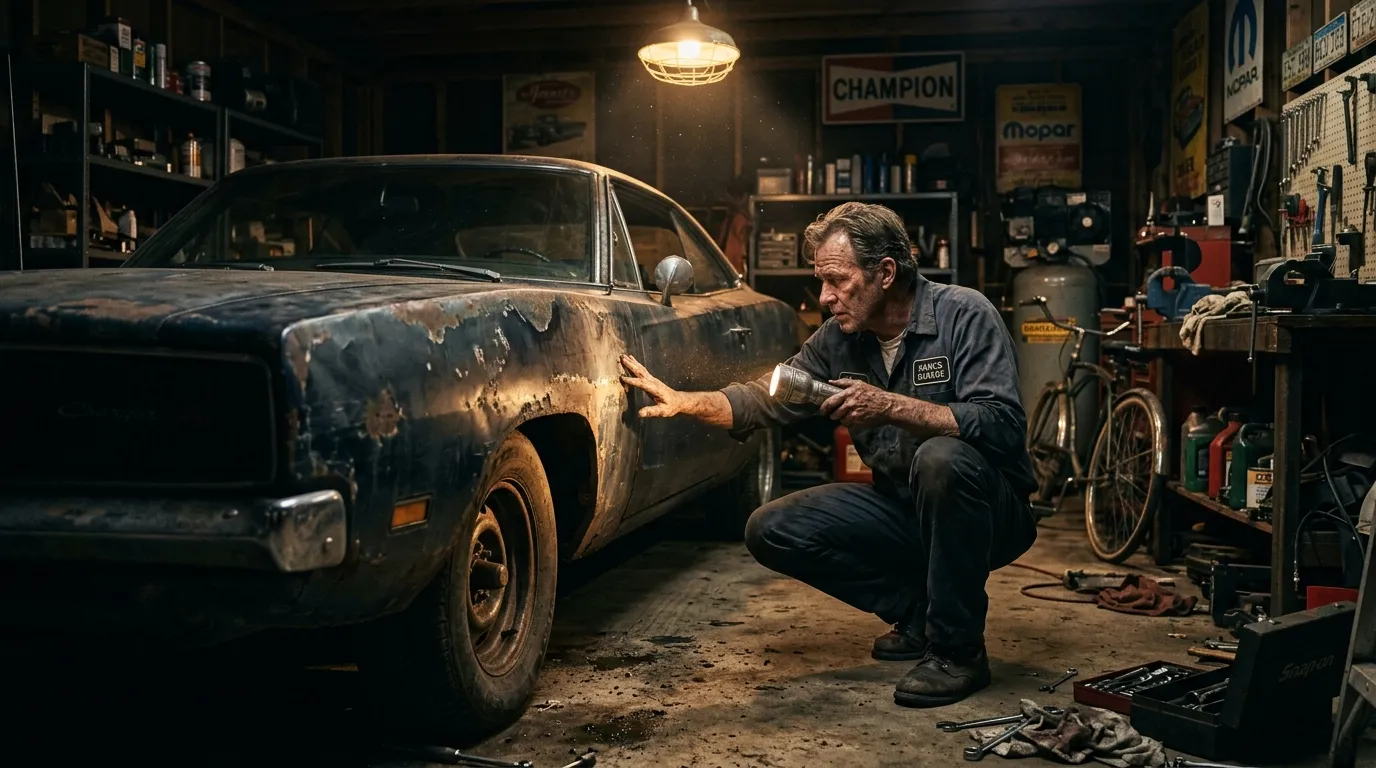 A mechanic crouching in a dimly lit garage inspecting the rusty frame of a battered classic car with a flashlight.
