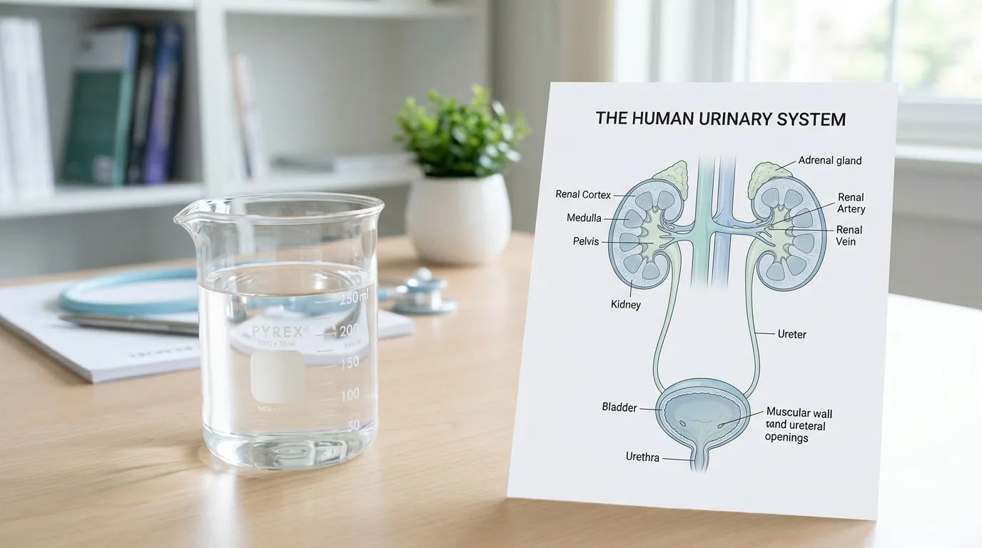 Anatomical illustration of human kidneys next to a clean glass of water