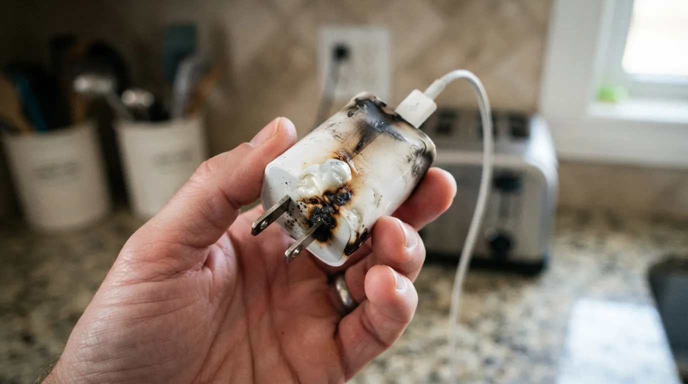 A person holding a cheap, melted plastic wall charger with brown scorch marks