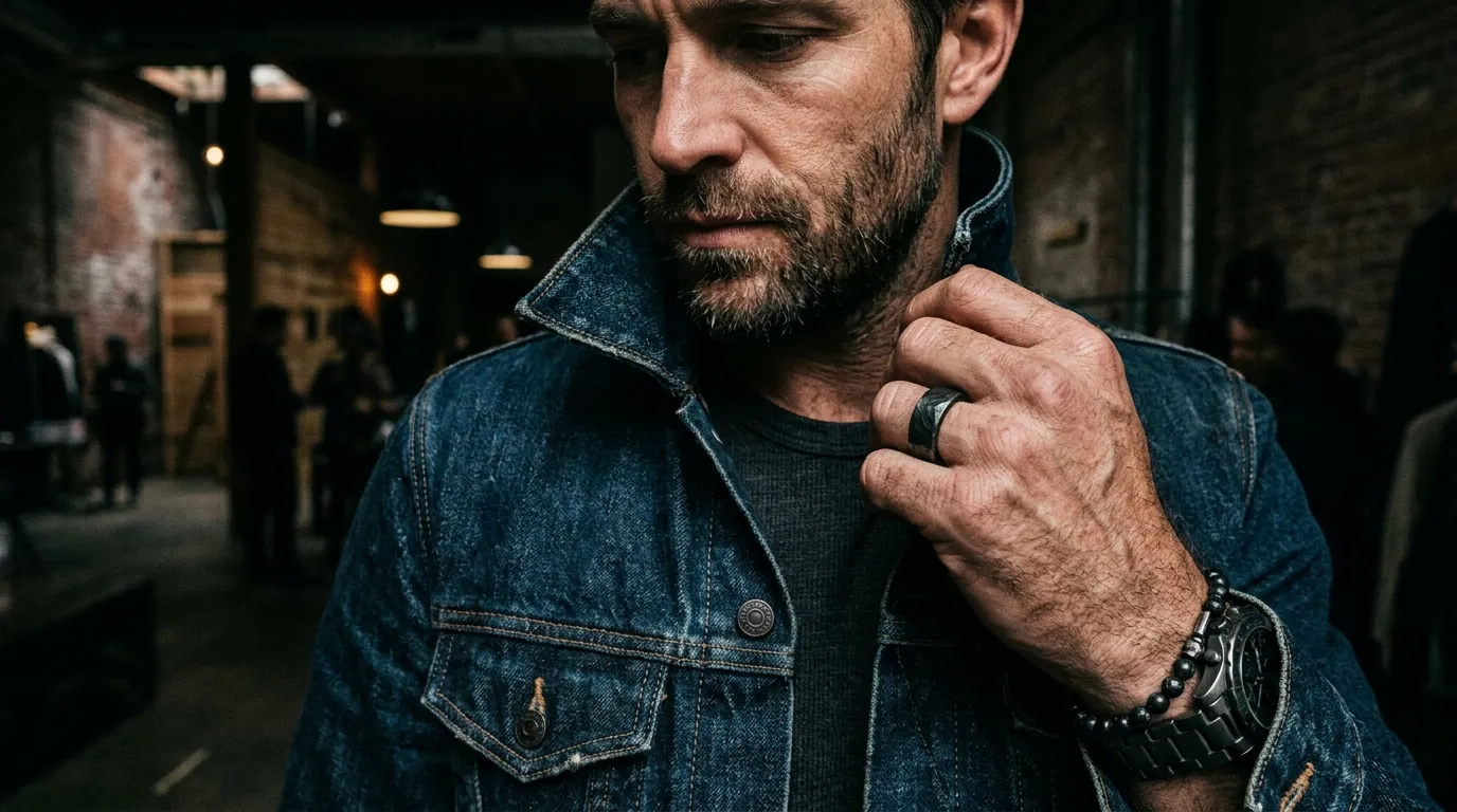 A modern man's hand wearing a thick matte black thumb ring