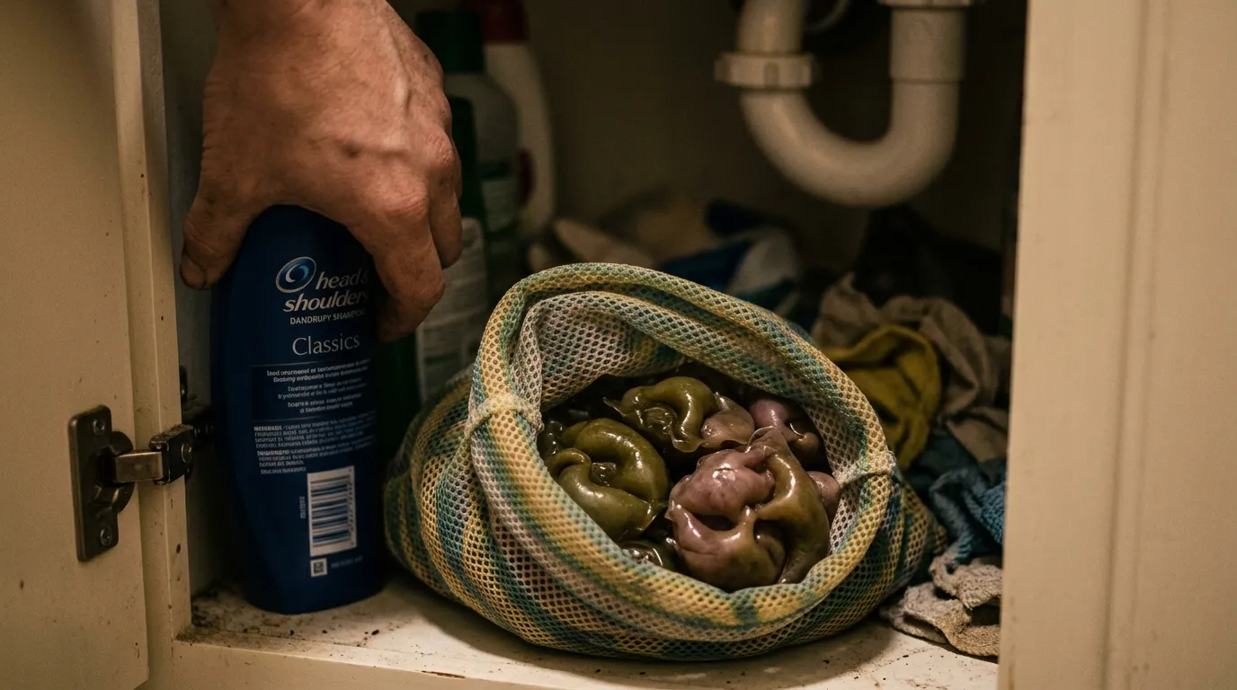 A close-up under a bathroom sink showing a hand moving a shampoo bottle to reveal a mesh bag filled with complex fleshy bath pods