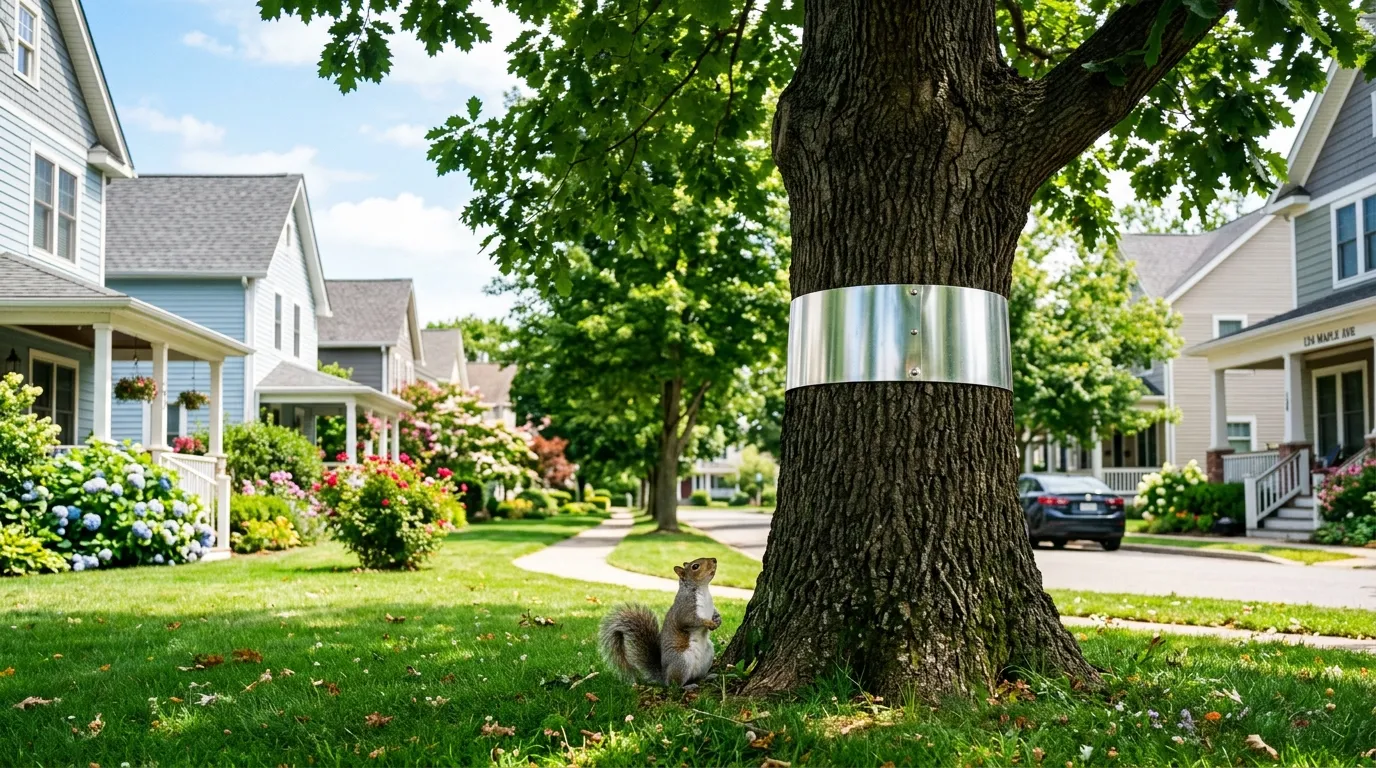 A large oak tree with a metal collar and a squirrel looking up from the grass