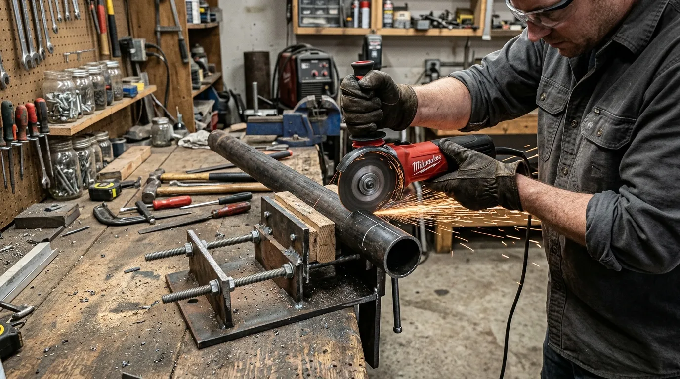 An angle grinder cutting a piece of metal held securely in a custom DIY vise.