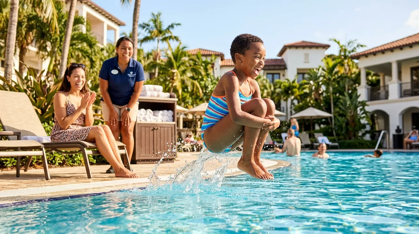 Joyful girl doing a cannonball into the pool while her mother and staff watch