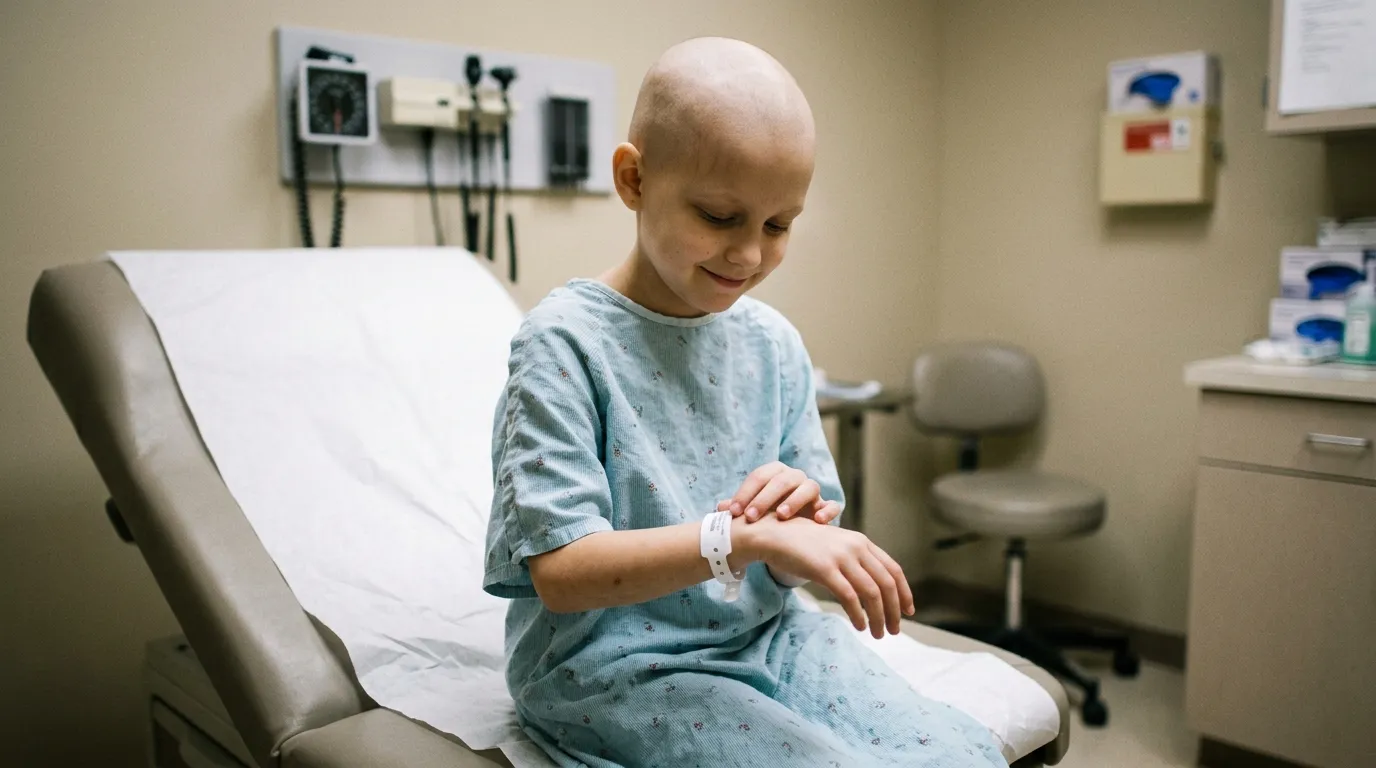 Young girl on hospital bed touching her hospital bracelet