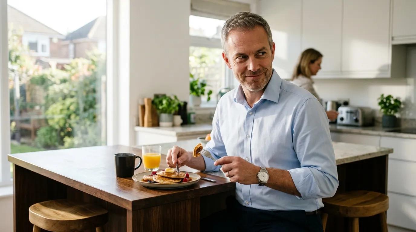 A middle-aged man eating pancakes at a kitchen island, looking up with a subtle, calculated smile.