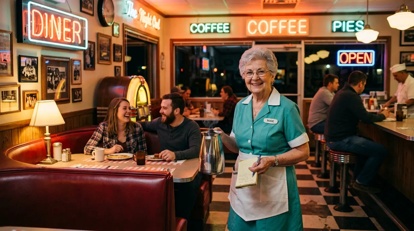 A silver-haired waitress in a retro diner pouring coffee