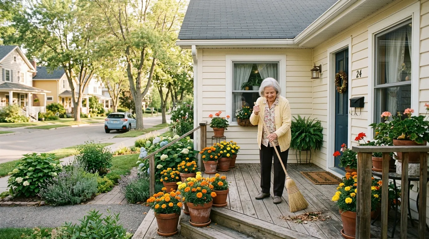 A neat house with clay pots and a woman in a yellow cardigan sweeping the porch.