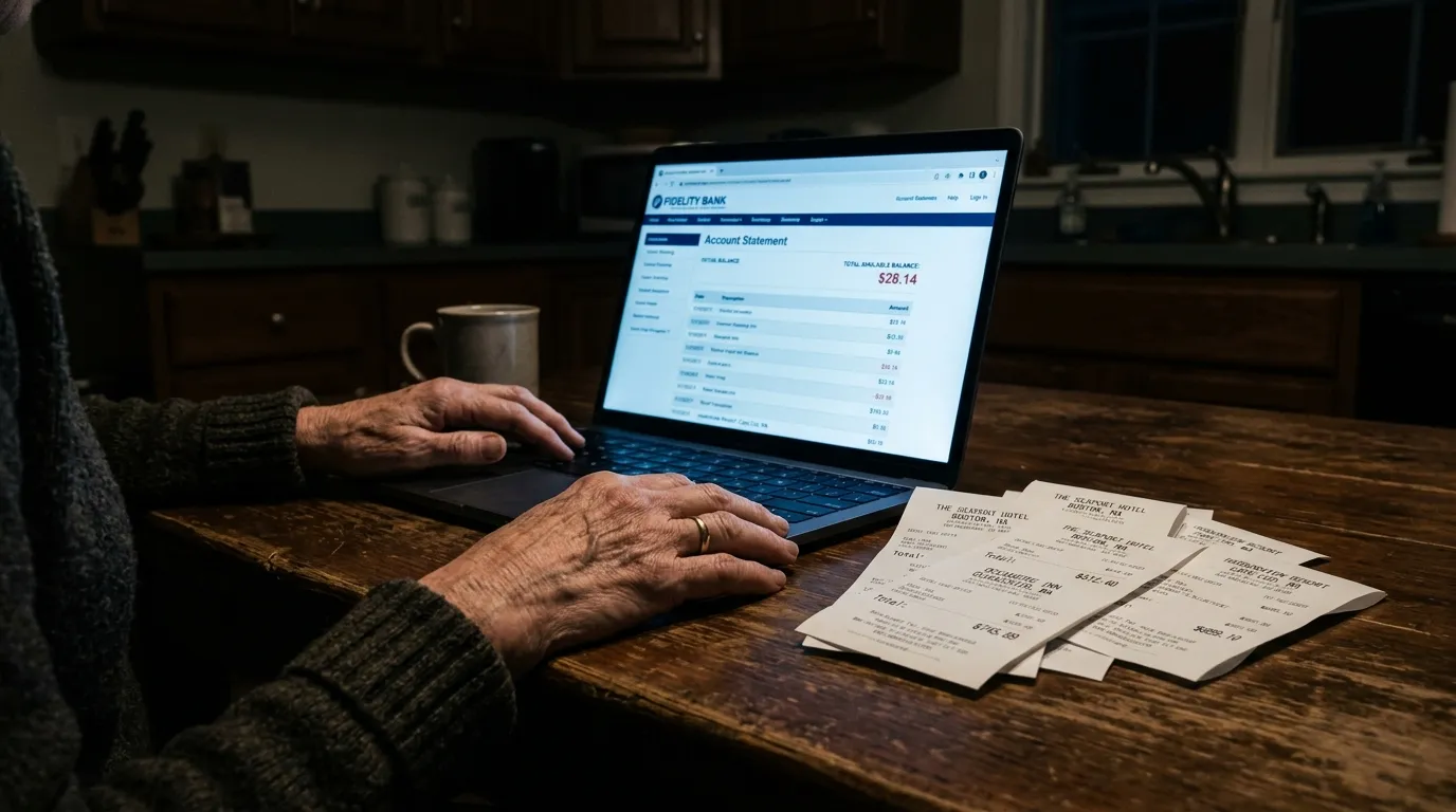 A woman looking at a laptop showing a bank account statement alongside a pile of hotel receipts on a kitchen table