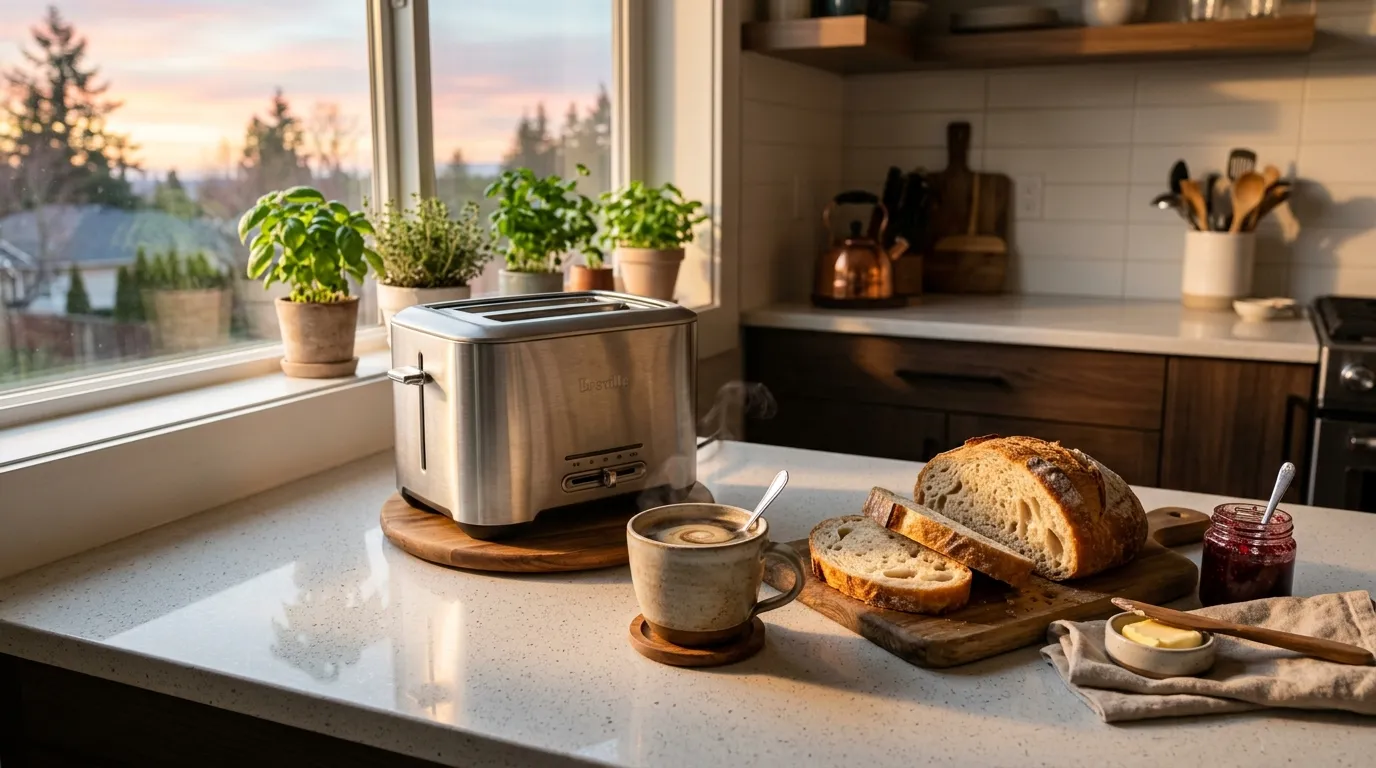 A stylish modern toaster sitting on a clean kitchen countertop next to morning coffee
