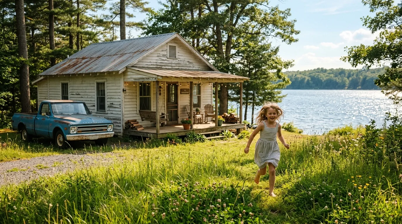 A modest lake house with a vintage blue car in the driveway and a young girl running toward the water